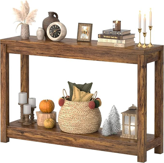 47" Farmhouse Wood Entryway Table Narrow Console Table with Storage Behind Couch Sofa Table with Shelves Entry Way Table with Open Storage, Easy Assembly, Rustic Brown-NeatNest