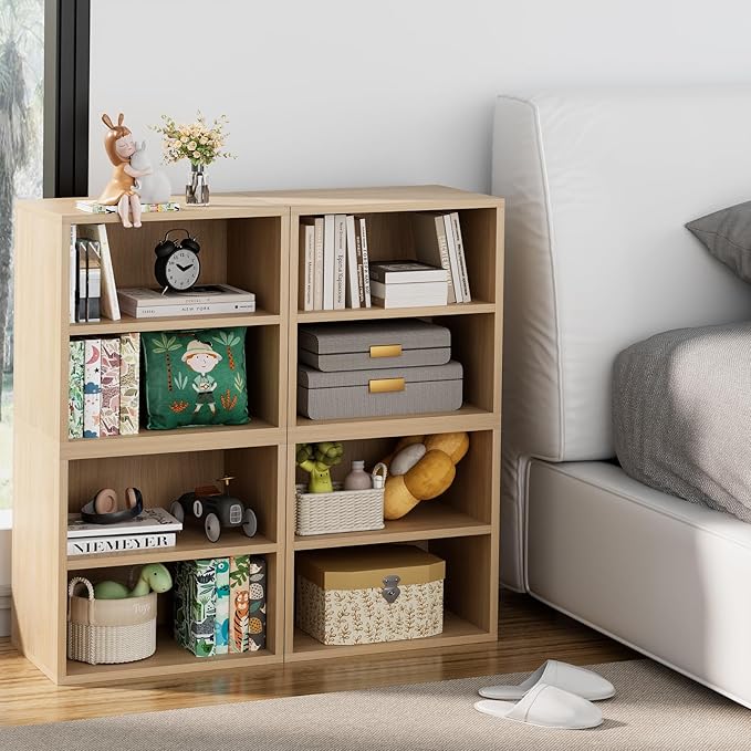 Garden 4 you Cube Storage Organizer Shelf, 2 Tiers Stackable Bookshelf, Wooden Display Bookcase with 2 Cube Storage, Small Storage Cabinet for Living Room Bedroom, Natural-NeatNest