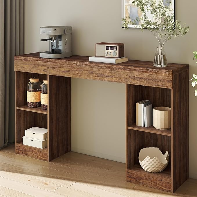 55 Inches Console Table,4 Cubes Narrow Entryway Table,3 Tier Wood Behind Couch Sofa Table,TV Console with Storage for Living Room,Hallway,Entrance,Foyer (Striped Brown)-NeatNest