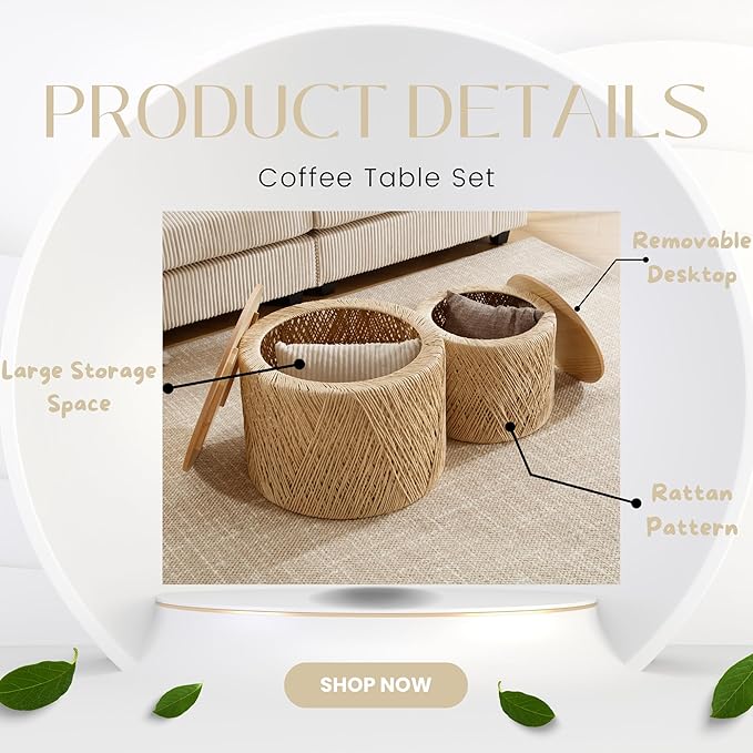 chairus Nesting Coffee Table Set of 2 Woven Round Coffee Table with Storage Solid Wood Side Table for Small Spaces, Living Room, Bedroom, Office, Natural-NeatNest