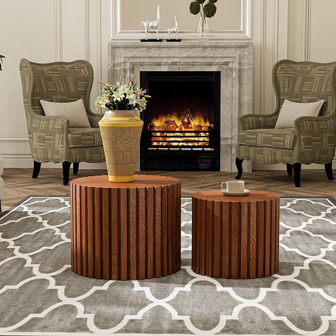 WXFKLDJ Round Nesting Coffee Table Set Cylindrical Wooden Coffee Table Sofa Center Table Circle Embossed Design Side Table for Living Room Apartment No Assembly (Striped Brown Small)