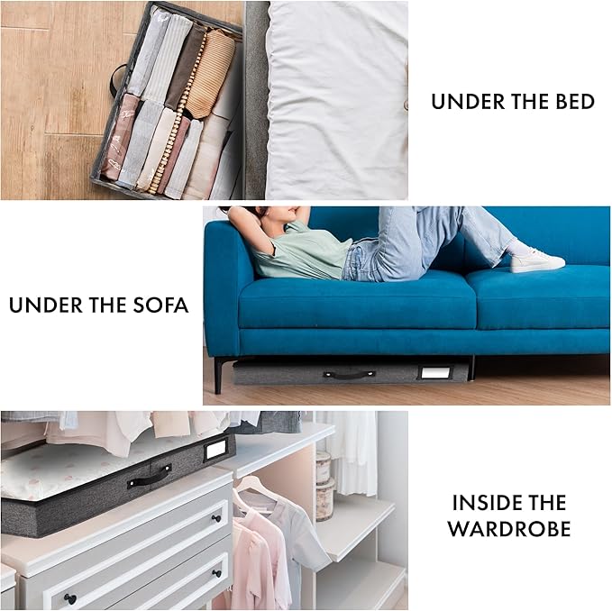 HOMELUX THEORY 2pc Low Profile Under Bed Storage Containers, Thin Under Couch Storage Organizer with Bins & Lids, Underbed Storage Box Ideal for Seasonal Clothes, Blankets, Fabric & Shoes (Dark Gray)-NeatNest
