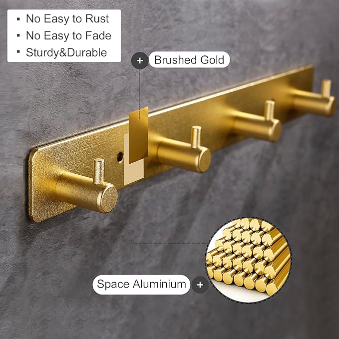Gold 4 Wall Hooks, Brushed Gold Bathroom Hook Rail, Self Adhesive Key Hook Rack Hanger Towel Robe Stick Hooks for Toilet Entryway Hallway Kitchen Wall Mounted