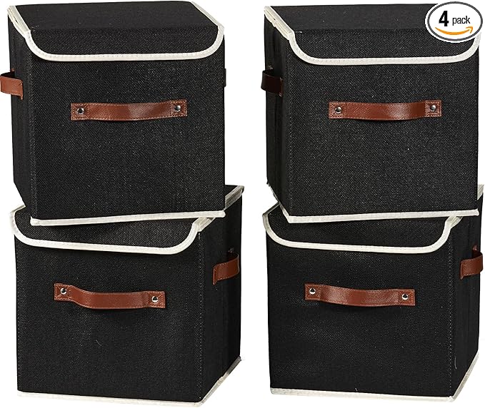 4PCS Storage Cubes with Lid Fabric Storage Bins Boxes PU Leather Handles Cotton Linen Closet Organizer Container Decorative Foldable Washable Shelf Cloth Basket (Flip-top Lid, Black, 11in)-NeatNest