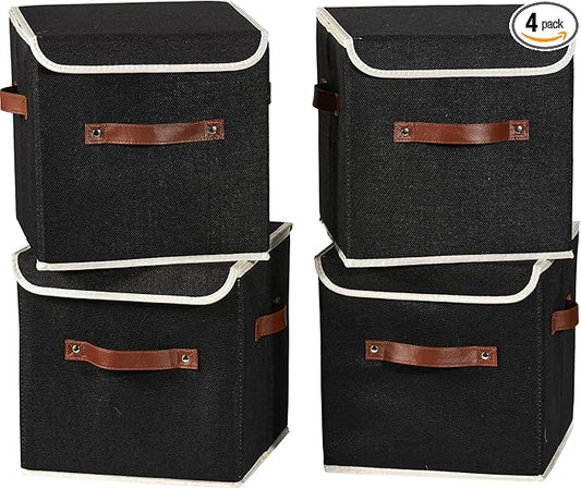 4PCS Storage Cubes with Lid Fabric Storage Bins Boxes PU Leather Handles Cotton Linen Closet Organizer Container Decorative Foldable Washable Shelf Cloth Basket (Flip-top Lid, Black, 11in)-NeatNest