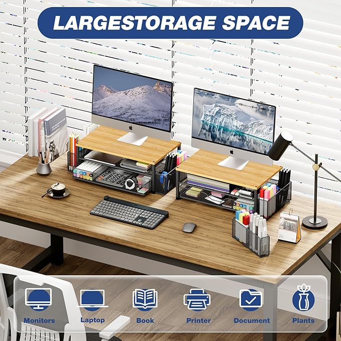 Desk Organizers and Accessories, 2-Tier Computer Monitor Stand Riser with Drawer and 2 Pen Holders, Laptop Stand, Office Desk Accessories for Office Supplies, Oak