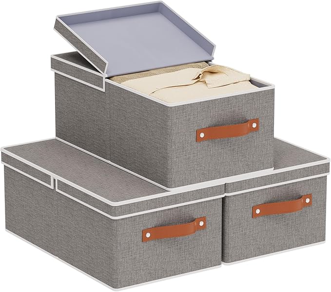 3-Pack Storage Boxes, Foldable Blanket Basket with Detachable Lid, Linen Closet 0rganizers with Double Handles, Collapsible Cubes for Organizing, Grey, 16.1 x 9.8 x 6.5 inch-NeatNest