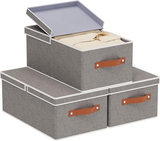 3-Pack Storage Boxes, Foldable Blanket Basket with Detachable Lid, Linen Closet 0rganizers with Double Handles, Collapsible Cubes for Organizing, Grey, 16.1 x 9.8 x 6.5 inch-NeatNest