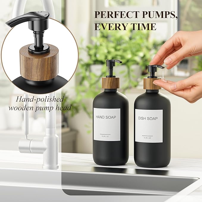 Cisily 2 Pack Black Kitchen Soap Dispenser Set with Wooden Pump, Dish and Hand Soap Lotion Dispenser Set with 6 Waterproof Stickers for Kitchen and Bathroom Decor for Counter, Modern Vintage Liquid-NeatNest