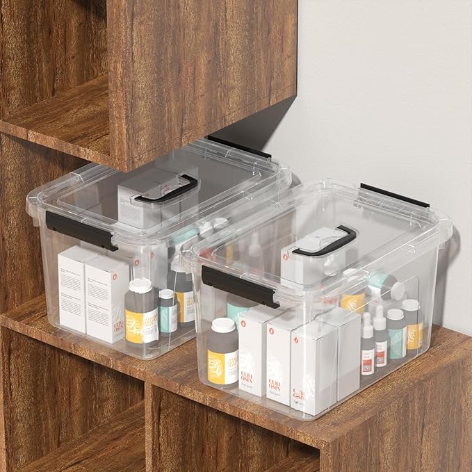 4 Pack 10.5 Quart Plactic Storage Latch Bin, Lidded Box with Black Handle, Clear