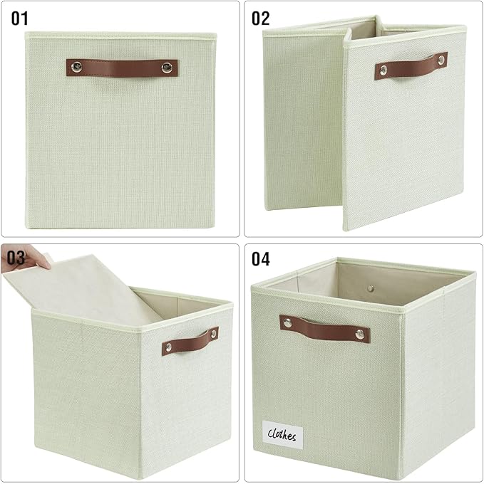 Collapsible Fabric Storage Cube Bins with 2 Reinforced PU Handles, Foldable Storage Organizer Baskets for Closet, Shelves, Living Room | 11"x11"x11", 4 Pack, Sage Green-NeatNest