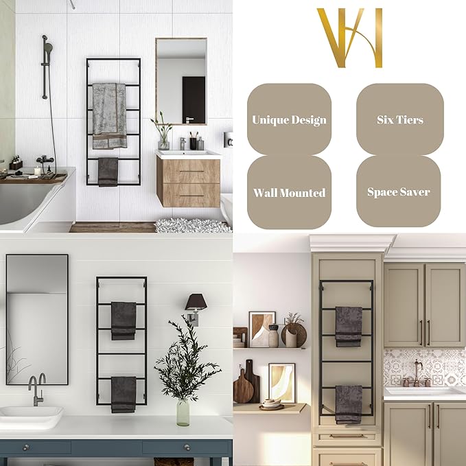 Elegant Wall Mounted 6 Tier Towel Holder, Rust-Resistant, Space-Saving Towel Rack for Effortless Drying, Perfect for Modern Farmhouse Bathroom, Kitchen Decor (44"(H) x 18"(W) x 3"(D))