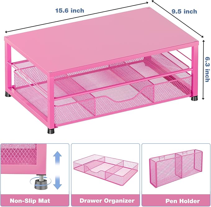 Desk Organizers and Accessories, 2-Tier Computer Monitor Stand Riser with Drawer and 2 Pen Holders, Laptop Stand, Office Desk Accessories for Office Supplies, Carmine Rose