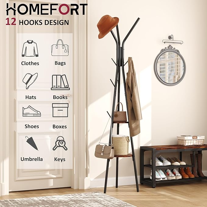 HOMEFORT Coat Rack, Coat Hanger Stand with 2 Shelves, Freestanding Hall Tree, Metal Hat Hanger with 12 Hooks for Clothes Hats and Scarves, Black and Rustic Brown,15.7" Wx15.7 Dx72.8H-NeatNest