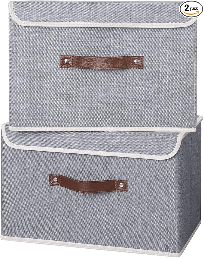 ANMINY 2PCS Storage Bins with Lid PU Leather Handles Storage Boxes PP Plastic Board Decorative Foldable Lidded Cotton Linen Fabric Home Cubes Baskets Closet Organizer Containers - Gray, Large Size-NeatNest