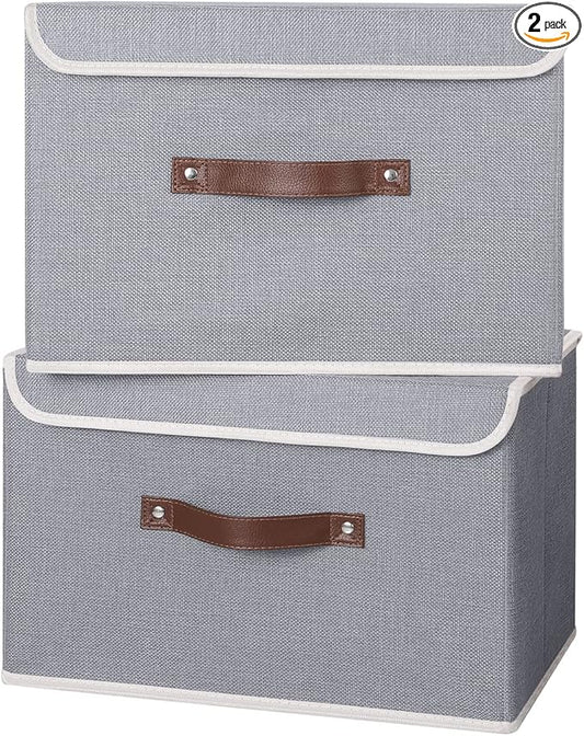 ANMINY 2PCS Storage Bins with Lid PU Leather Handles Storage Boxes PP Plastic Board Decorative Foldable Lidded Cotton Linen Fabric Home Cubes Baskets Closet Organizer Containers - Gray, Large Size-NeatNest