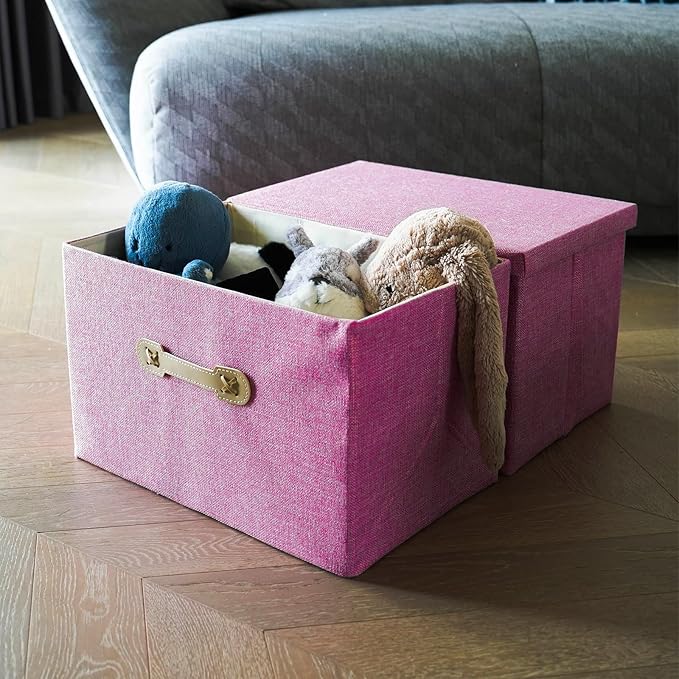 Enzk&Unity Decorative Storage Bins with Lids, Fabric Linen Foldable Storage Box with Handle Home Organizer for Shelf, Closet, Bedroom, Living Room, Office, 3 Packs, Pink-NeatNest