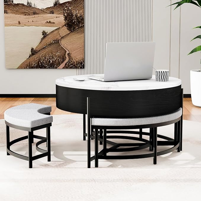 Modern Round Lift-Top Coffee Table with Storage & 3 Ottoman for Living Room White & Black