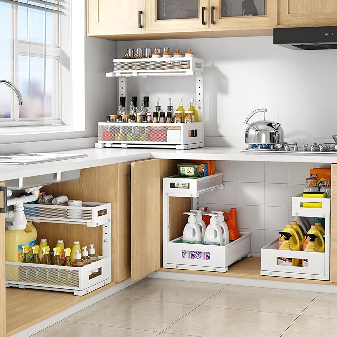 1 Pack-11.4"-16.14"H Under Sink Storage Organizer, Large 2-Tier Elegant Mesh Pull Out Shelf for Kitchen and Bathroom Cabinet Organization, L-Shaped and Adjustable Height Design for Maximum Space-White-NeatNest