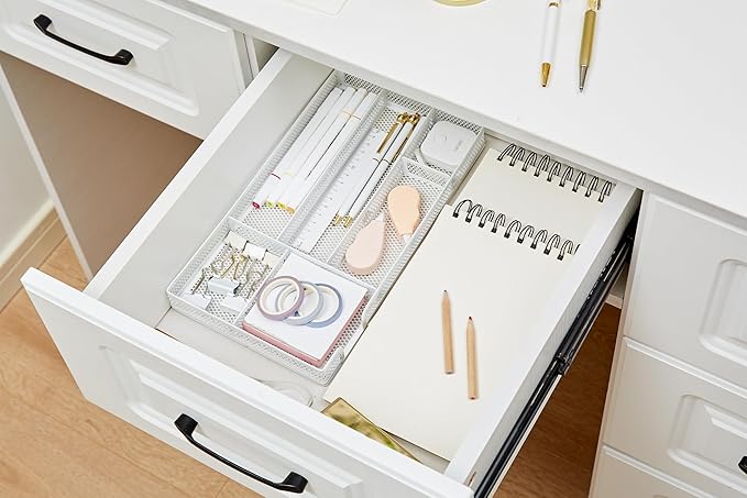 Annova Desk Drawer Organizer Tray for Office Organization - Metal Mesh - Storage Tray with Dividers for Pens, Desktop Accessories, Bathroom, Kitchen, Makeup and Office Supplies (Small, White)-NeatNest
