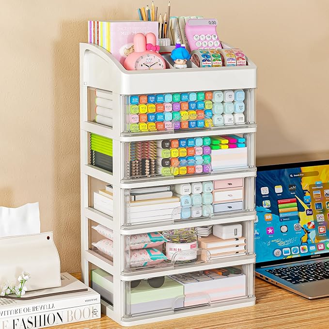 Desk Organizer with Drawers, 5 Drawers Storage Organizer, Desktop Storage Drawers for Office Supplies, Plastic Stationary Organizer, Makeup Organizer, Desk Storage Box for Office, School, Home-NeatNest