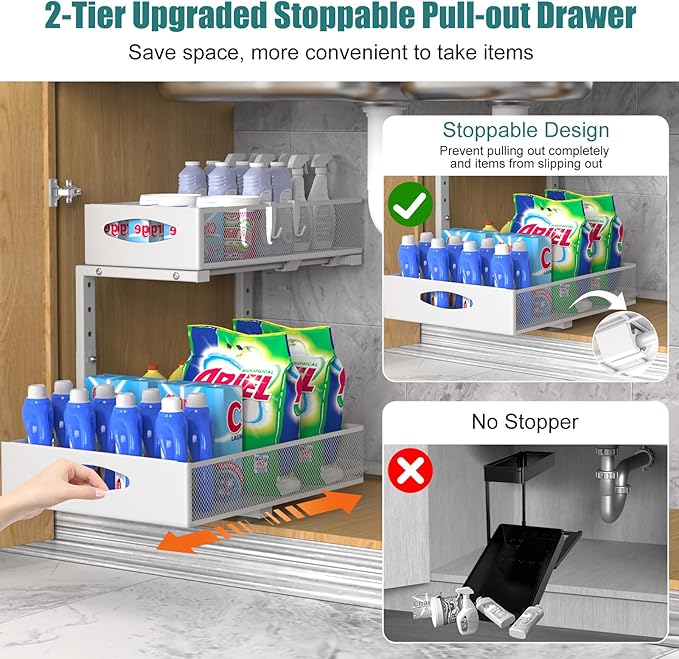 1 Pack Large Under Sink Organizer, 2 Tier Metal Pull Out Under Sink Storage with Sliding Mesh Drawers, Height Adjustable Slide Out Under Cabinet Organizer for Kitchen Bathroom, White-NeatNest