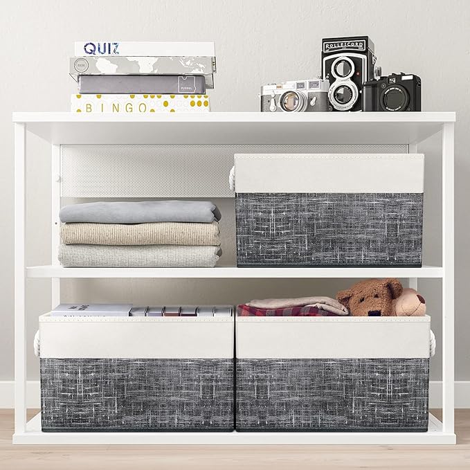 Fab totes Storage Bins [6-Pack], Foldable Storage Baskets for Organizing Toys, Books, Shelves, Closet, Large Storage Box with Rope Handles, Sturdy Organizer Bins, White & Black-NeatNest