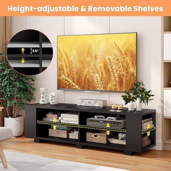 Giantex Modern TV Stand for TVs up to 65 Inch, Wood Entertainment Center w/ 8 Open Storage & Adjustable Shelves, Television Stands w/ 4 Cable Holes, TV Console Table for Living Room, Bedroom (Black)-NeatNest
