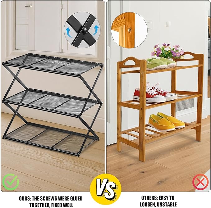 Small Shoe Rack for Entryway - 3 Tier Shoe Organizer Metal Foldable Shoes Storage Rack, Zero Tool Install, Sturdy Shoe Rack for Closet, Front Door Entrance, Living Room - Space Saving, Black-NeatNest