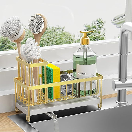 Cisily Gold Sponge Holder for Kitchen Sink, Sink Caddy Organizer with High Brush Holder, Kitchen Countertop Organizers and Storage Essentials, Rustproof 304 Stainless Steel, Soap Dispenser Organize-NeatNest