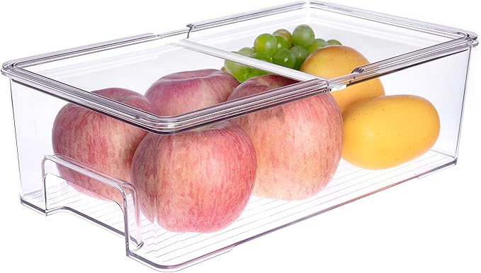 SANNO Vegetable Refrigerator Organizer Food Bins with lids Large Stackable Fridge Clear Organizers Kitchen Cabinet Organizer for Freezer, Kitchen, Countertops, Cabinets Pantry Storage Bins，set of 2