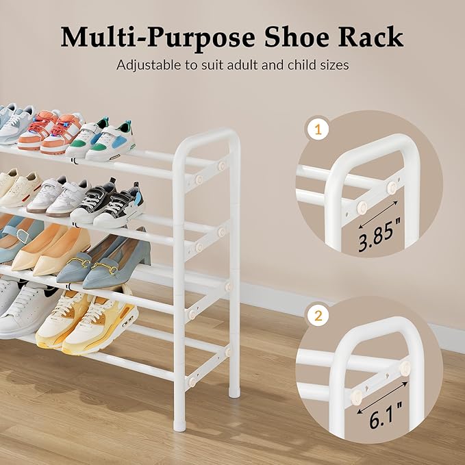 Shoe Rack for Closet,4 Tier Shoe Organizer, 28“ Metal Shelf Can Expandable to 42“, for Bedroom, Entryway, Living Room, Garage, Adjustable to 24 Pairs Shoes, White-NeatNest