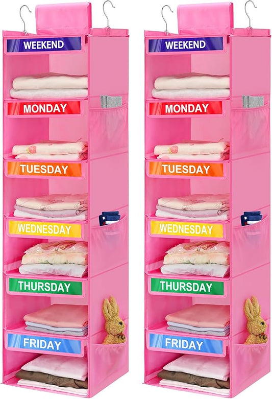 2 Pack 6-Shelf Weekly Clothes Organizer for Kids, Hanging Daily Closet Organization with 6 Side Pockets, Days of The Week Clothing Divider Storage for Boys and Girls (Pink)-NeatNest