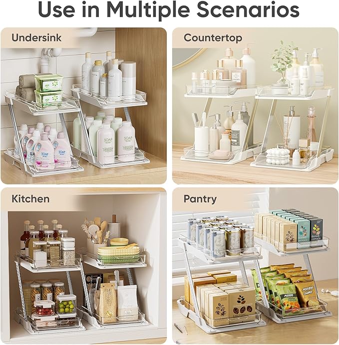 1 Pack Bathroom Organizers and Storage - Multi-Purpose,2-Tier Clear Pull Out Organization for Bathroom,Under Sink,Kitchen,Vanity,Countertop,Cabinet,Pantry & Medicine Cabinet,White-NeatNest