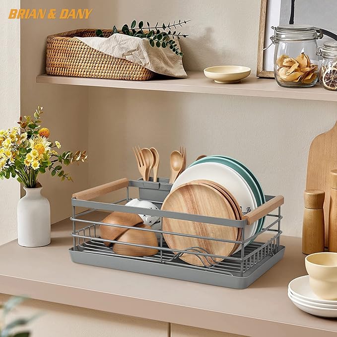 BRIAN & DANY Dish Drying Rack, Dish Racks for Kitchen Counter, Stainless Steel Dish Drainer with Removable Cutlery Holder & Drainboard, Grey