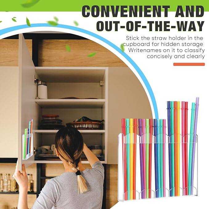 Acrylic Straw Holder for Cabinet Door with Double Sided Adhesive Tape Reusable Straw Organizer Tumbler Storage Kitchen Accessories Container for Counter Cupboard (Wave,Large,Clear)