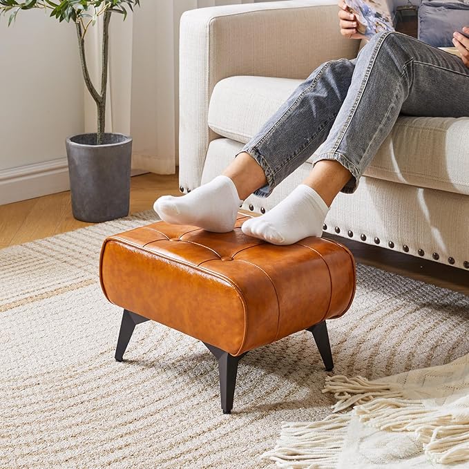 YMYNY Ottoman, Foot Stool with Metal Legs, Faux Leather Stool, Pouf Couch Stool, Modern Multifunctional Small Square Accent Small Table for Bedroom, Living Room 15.75"D×11.81"W×10.24"H Orange UHBD037J
