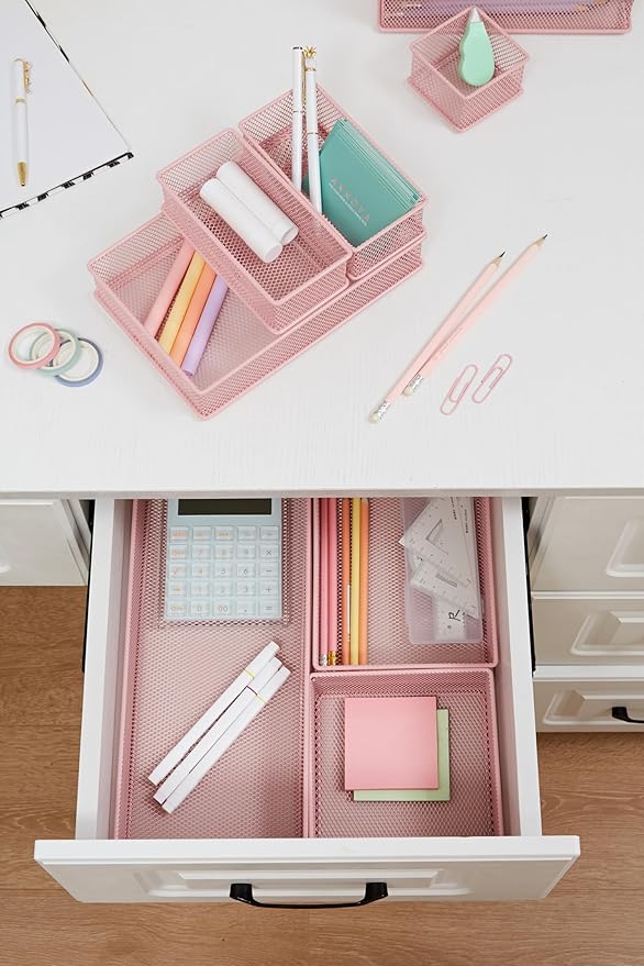 Annova Mesh Stackable Drawer Cabinet and Shelf Organizer Bins Storage Basket School Office Supply Holder Tray- Set of 2 (Light Pink, 3x3x2 Inch)-NeatNest