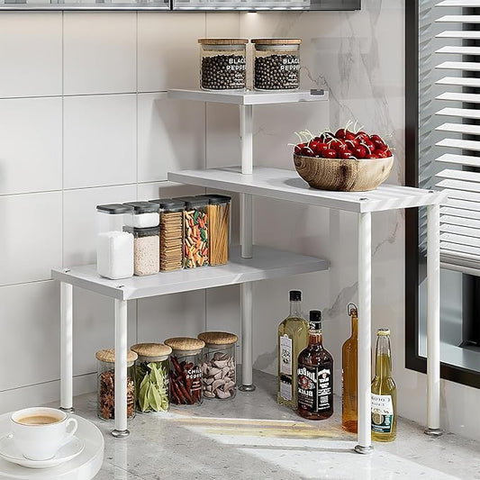 Countertop Organizer Organization 3 Tier Kitchen Corner Shelves Adjustable Spice Storage Rack for Bathroom Coffee Area Over Sink (White)-NeatNest