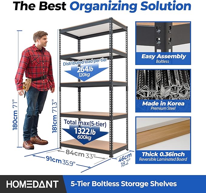 HOMEDANT 5 Tier Laminated Boltless Metal Shelving Unit Adjustable Garage Storage Utility Rack Heavy Duty Shelves Organization Multipurpose Shelf Warehouse Pantry Shed 35.9" W x 18.2" D x 71.3" H 1Pack-NeatNest