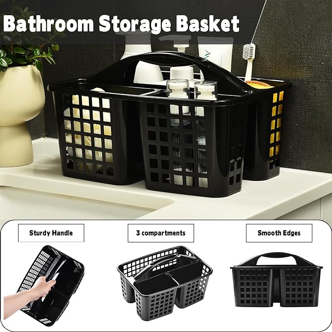 Haundry Plastic Shower Caddy Basket with 3 Compartments, Portable Divided Cleaning Supply Storage Organizer with Handle (Black)-NeatNest