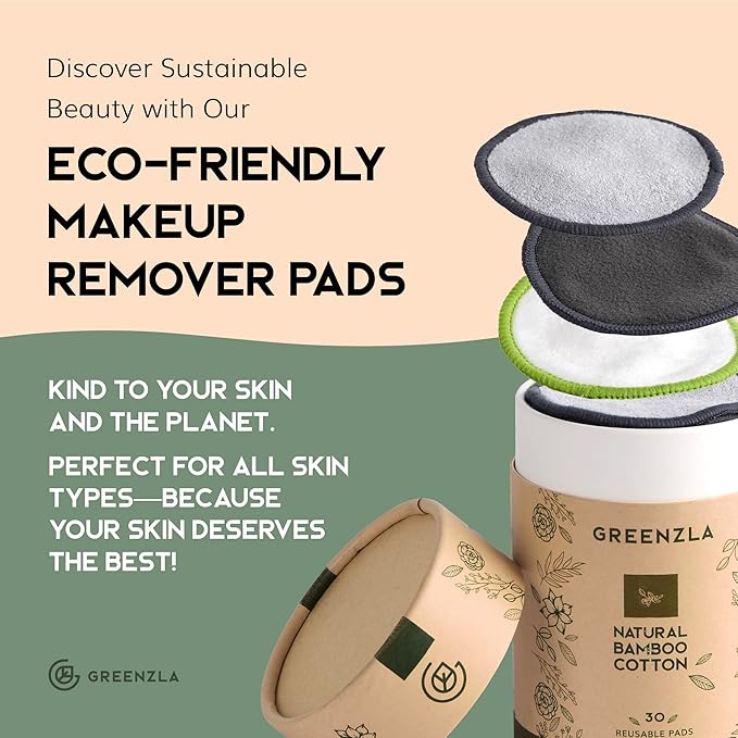 Greenzla Reusable Makeup Remover Pads, Washable Bamboo Cotton Rounds with Mesh Laundry Bag, Travel Pouch, Pad Holder - Reusable Cotton Rounds for All Skin Types - Perfect for Face Care, 30 Pack-NeatNest