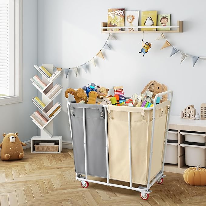 Hoctieon 2 Section Laundry Sorter Cart, 400L Rolling Hamper with Wheels, Industrial Laundry Basket Organizer, Extra Large Dirty Clothes Hamper for Home & Hotel, Heavy Duty, Gray+Beige-NeatNest