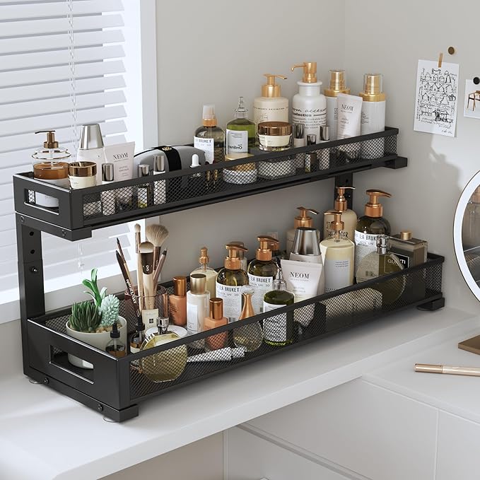 2 Pack 20.47IN Depth Under Sink Storage Organizer, Large 2-Tier Elegant Mesh Pull Out Shelf for Kitchen and Bathroom Cabinet Organization, L-Shaped and Adjustable Height Design-Black-NeatNest