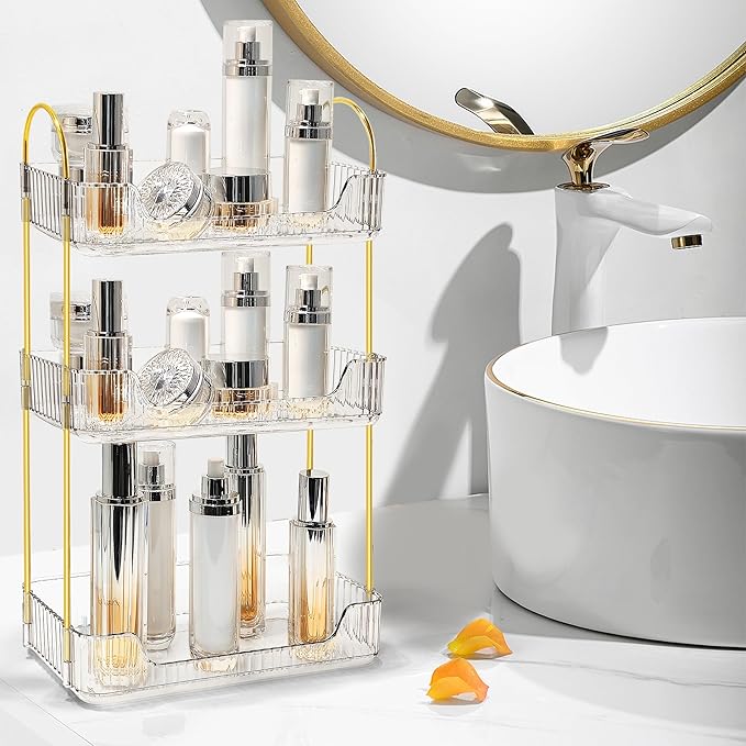 Bathroom Counter Organizer Countertop Storage Skincare Countertop Makeup Organizer Cosmetics Skincare Organizers Holder for Perfume-Clear-Golden Pole-3 Tier-NeatNest