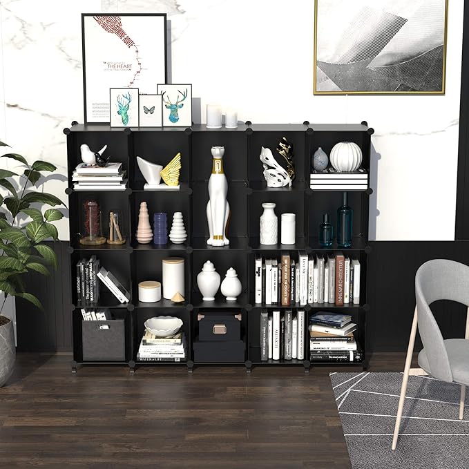 HOMIDEC 20-Cube Black Storage Organizer, Modular Shelf With Hammer, Storage Bin Cabinet Closet Bookshelf for Living Room, Bedroom, Office, Each Cube Size 11.8 x 11.8 Inch-NeatNest