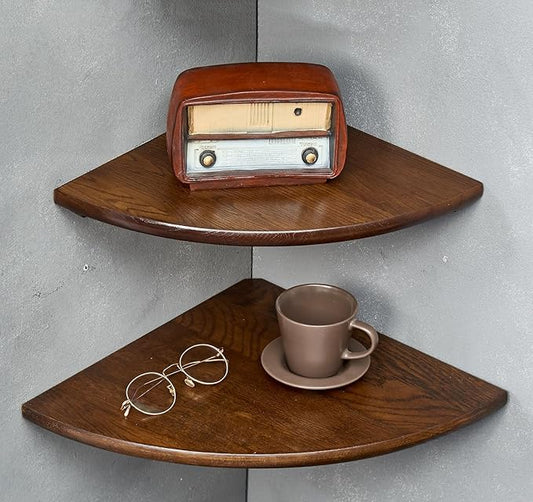 Corner Shelves, Floating Corner Shelf, Set of 2 16inch Solid Oak Wood Corner Wall Shelves, Round End with Wire Hole for Small Plant for Bedroom Kitchen, Living Room-NeatNest