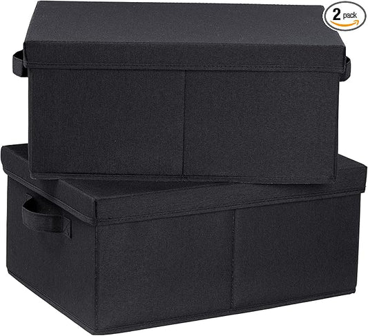 HOONEX Storage Bins with Lids for Organizing, Pack of 2, Storage Boxes with 2 Carrying Handles and Sturdy Heavy Cardboard, 16.5" L x 11.8" W x 7.5" H for Shoes, Books, Clothes, Black-NeatNest