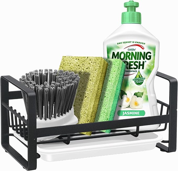 Kitchen Sponge Holder for Sink, Kitchen Sink Caddy Organizer, Sink Tray Drainer Rack, Dish Rags Brush Soap Storage Countertop with Removable Front Drain Pan - Black&White