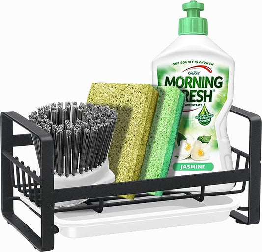 Kitchen Sponge Holder for Sink, Kitchen Sink Caddy Organizer, Sink Tray Drainer Rack, Dish Rags Brush Soap Storage Countertop with Removable Front Drain Pan - Black&White